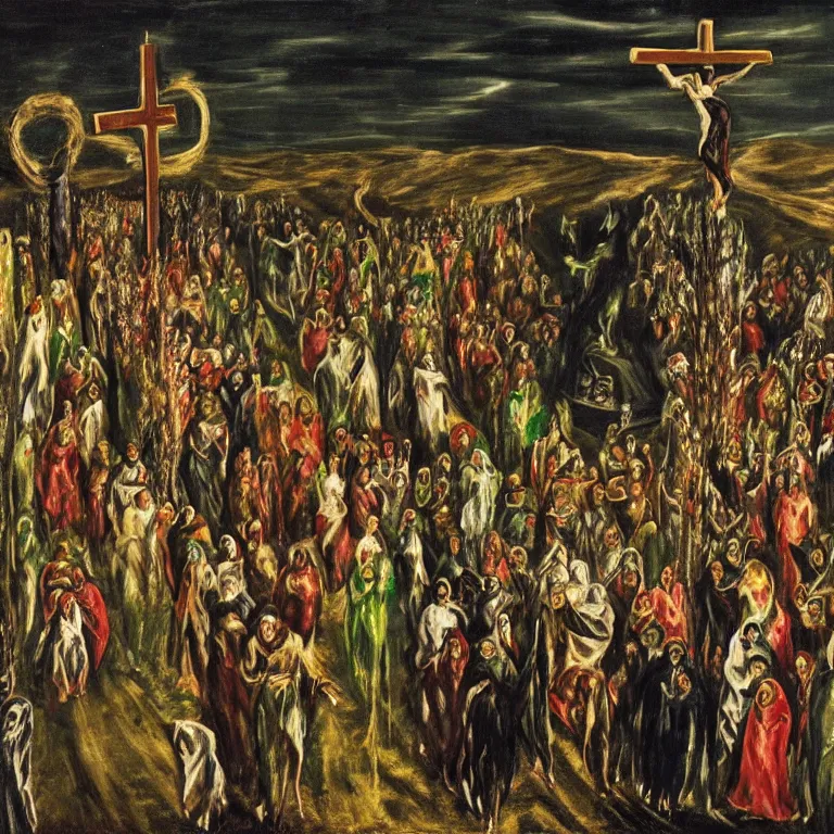 Image similar to A Holy Week procession of souls in a Spanish green village at night. A figure at the front holds a cross, trending on artstation, highly detailed, 50mm, by El Greco, Remedios Varo y Salvador Dali.