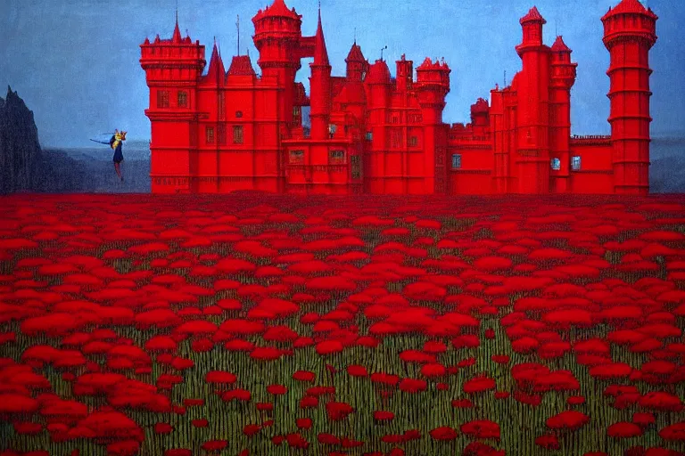 Image similar to only with red, red flowers of different types, red castle in background, red medieval big goblins, in the style of beksinski, parts by edward hopper, parts by rodcenko, parts by yue minjun, intricate and epic composition, red by caravaggio, insanely quality, highly detailed, masterpiece, red light, artstation, 4 k