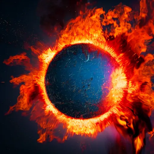 Image similar to red hot burning sphere embedded in fireball explosion with fire, 4 k