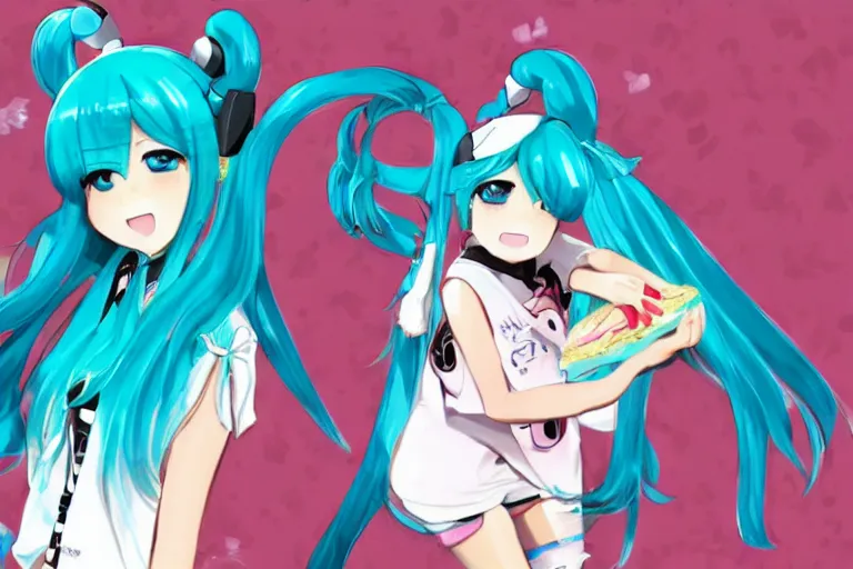 Prompt: Hatsune Miku wearing a sandwich