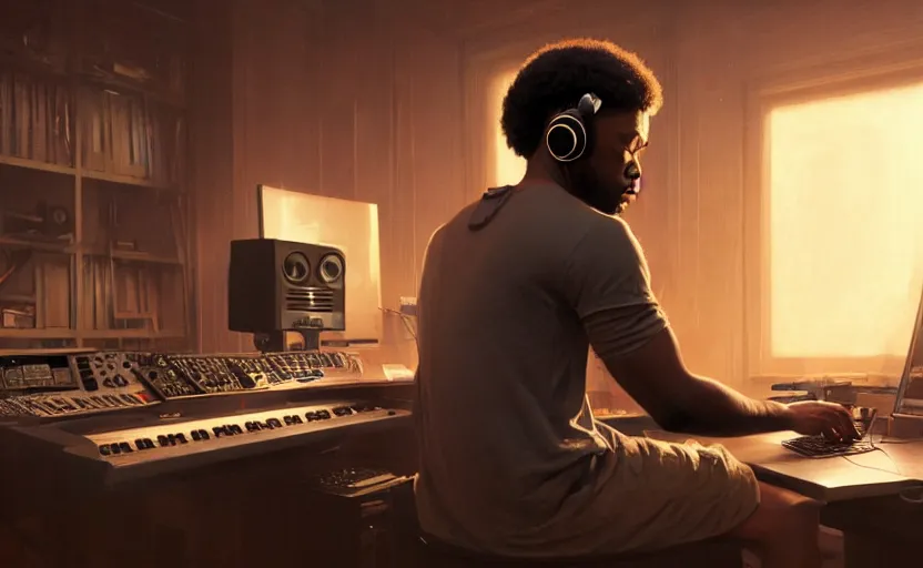 Image similar to light skin black man with headphones at his home studio producing music late at night, very detailed, 4 k, concept art like ernest khalimov, intricate details, highly detailed by greg rutkowski, ilya kuvshinov, gaston bussiere, craig mullins, simon bisley