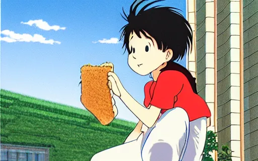 Image similar to a girl sitting on the roof of a building eating a sandwich, art by hayao miyazaki, studio ghibli film,