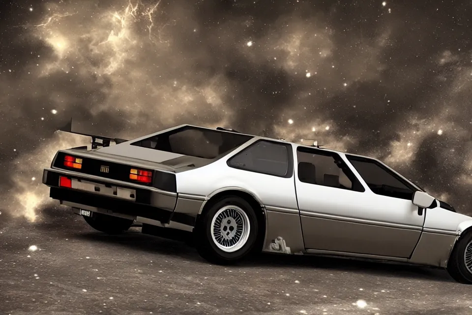 Image similar to ultra realistic toyta trueno ae 8 6 inspired by delorean dmc 5 drifting on ancient space highway wreckage in space, dark cinematic, volumetric, realistic, 3 d render, realistic render, cinematic lighting, volumetric lighting, atmospheric, cinematic, unreal engine 5, unreal engine render, octane render, hd, photorealism, hyper realistic, 8 k