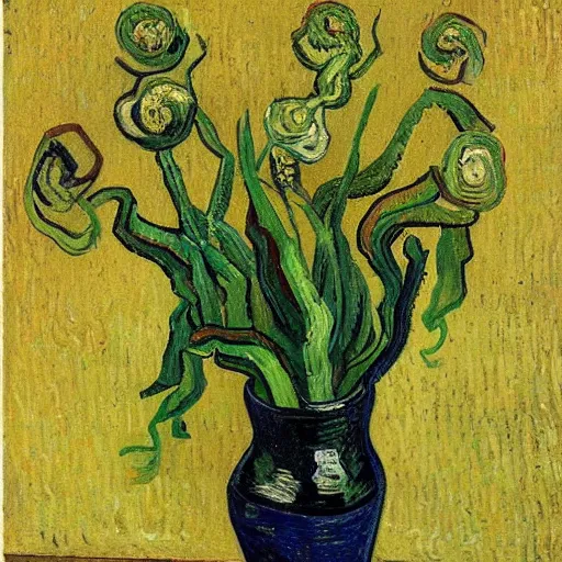 Image similar to Fiddleheads, painted by Vincent Van Gogh (1890), oil on canvas, detailed brushstrokes