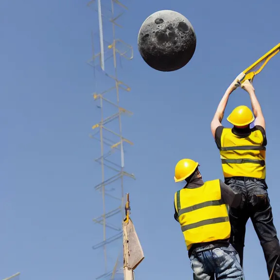 Image similar to two construction workers removing the moon from the sky