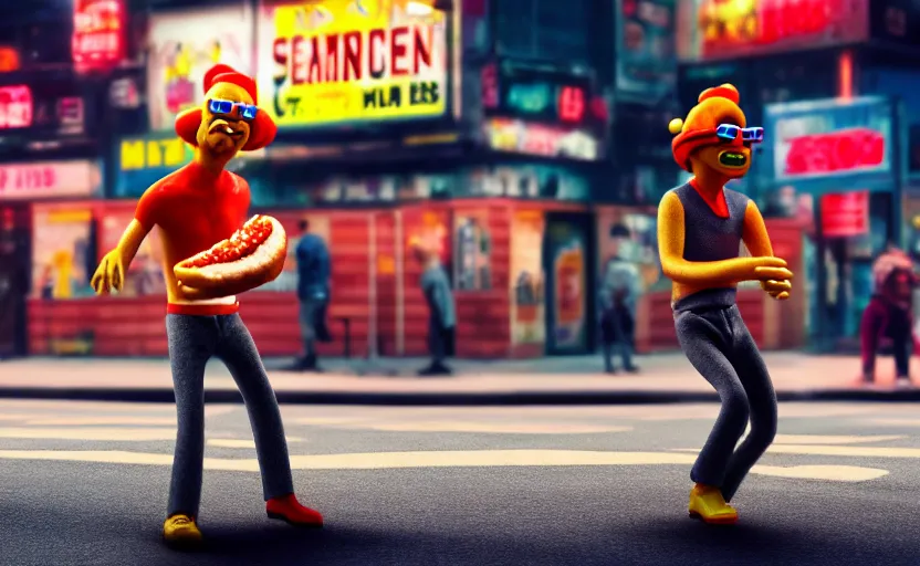 Prompt: hot dog man dancing on a street corner, cyberpunk, detailed, 4 k