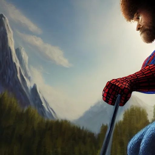 Image similar to a closeup photorealistic photograph of bob ross working on a canvas painting of spiderman. film still. brightly lit scene. mountains and trees. this 4 k hd image is trending on artstation, featured on behance, well - rendered, extra crisp, features intricate detail, epic composition and the style of unreal engine.