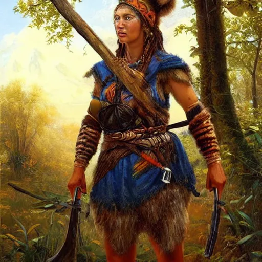 Prompt: portrait of a germanic hunter - gatherer tribe woman ( 3 5 ) from the the netherlands, an oil painting by ross tran and thomas kincade