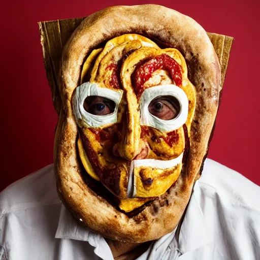 Image similar to an elderly man wearing a mask made from a pizza, bold natural colors, national geographic photography, masterpiece, 8 k, raw, unedited, symmetrical balance