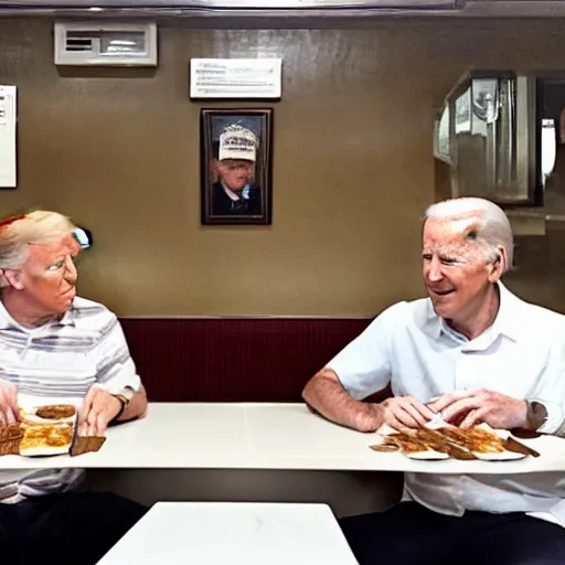 Image similar to photograph of trump and Biden sitting and eating breakfast at a Wafflehouse