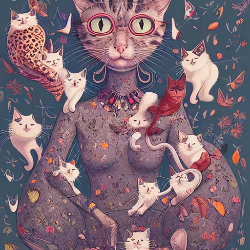 Image similar to crazy cat lady, extremely detailed, sharp focus, wide view, full body shot, smooth, digital illustration, by james jean, by rossdraws, frank franzzeta, sakimichan