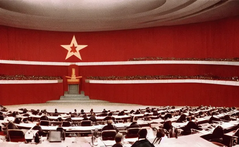 Prompt: 60s movie still of a giant stalinist style sovietic parlement with a giant USSR flag, by Irving Penn , cinestill 800t 35mm eastmancolor, heavy grainy picture, very detailed, high quality, 4k, HD criterion, precise texture, panoramic, cinematic