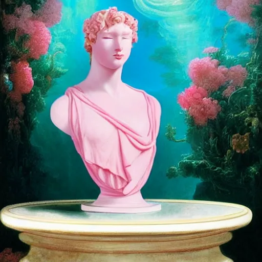 Image similar to award winning masterpiece with incredible details, a surreal gigantic marble bust vaporwave vaporwave vaporwave vaporwave vaporwave painting by Thomas Cole of an old pink mannequin head with flowers growing out, sinking underwater, highly detailed, reality is an illusion