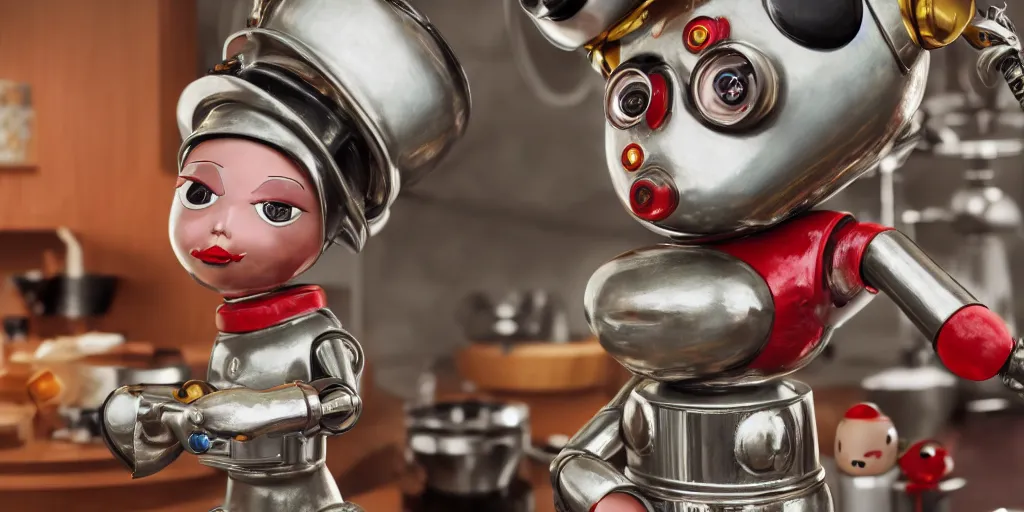 Prompt: closeup portrait of tin toy retro robot chef in a kitchen, depth of field, zeiss lens, detailed, centered, fashion photoshoot, by nicoletta ceccoli, mark ryden, lostfish, breathtaking, 8 k resolution, extremely detailed, beautiful, establishing shot, artistic, hyperrealistic, octane render