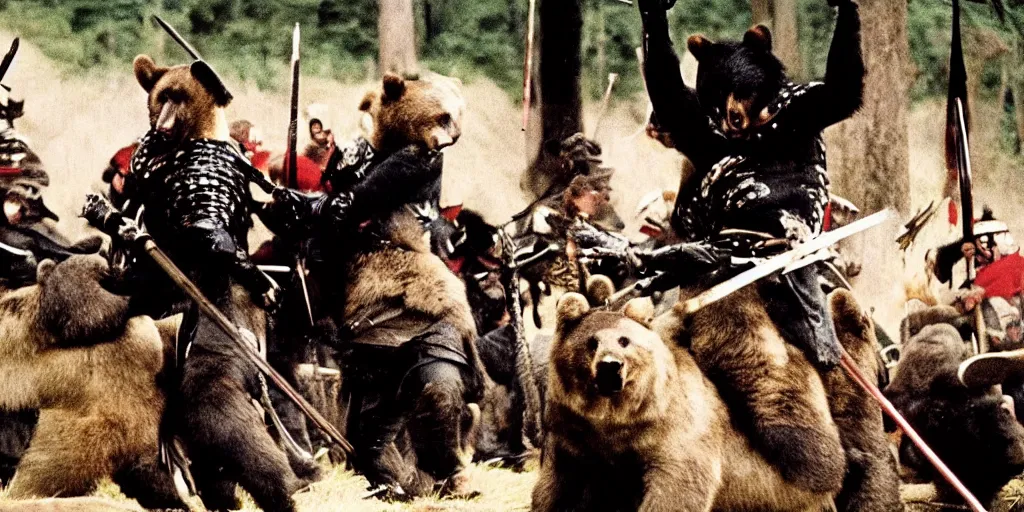 Prompt: scene from Kagemusha, 1980, movie still, cinematic, anthropomorphic, half man half asian black bear, black bear samurai, Moon Bear Samurai, epic, samurai