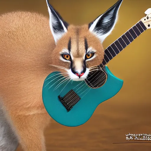 Image similar to cute fluffy caracal playing fluffy guitar, fully detailed, high quality , 4k , octane render , soft light , masterpiece