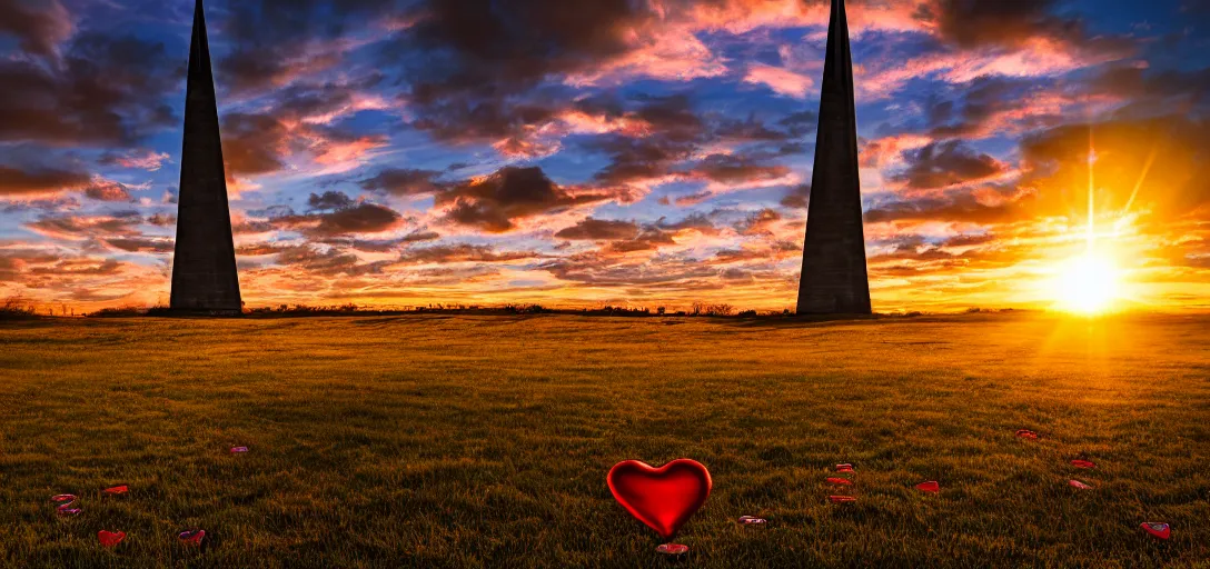 Image similar to a photograph of a beautiful landscape at sunset with lines of love hearts dancing towards a central spire, nikon d 8 5 0, golden hour, god rays