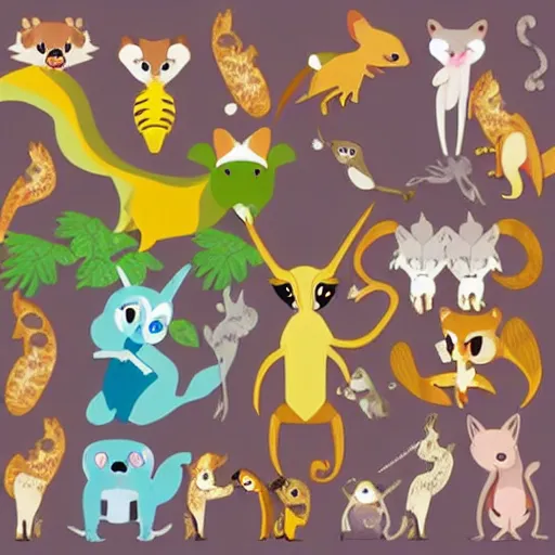 Image similar to Super cute animal combination of Sugar glider, Tamandua, Gerenuk, Cuttlefish, Gecko, Sand cat, Bee hummingbird, Tree kangaroo, Racoon dog, Pygmy hippopotamus , Leafy sea dragon, Elephant Shrew, Quokka, Margay, Klipspringer, Fennec Fox, Tawny frogmouth, Tarsier, Quetzal, Star-nosed mole