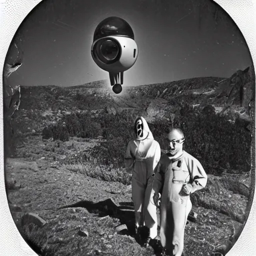 Image similar to polaroid photograph of horrorific extraterrestrial beings visiting earth, 1 9 5 0