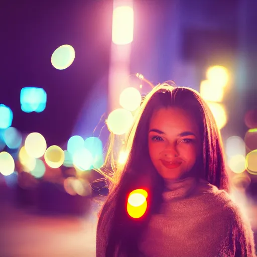 Prompt: photograph of a beautiful young woman in a city at night with bokeh, lens flare, out of focus light sources
