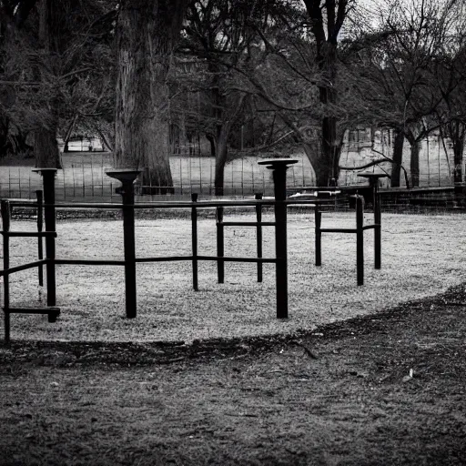 Image similar to an old abandoned children's playground, in a dismal city park, in a town filled with pale yellow mist. Dystopian. Award-winning photo. Sigma 40mm f/1.4 DG HSM