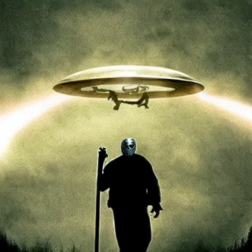 Image similar to jason voorhees being abducted by a flying saucer ufo