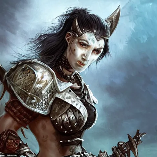 Image similar to fantasy warrior woman with dragon armour, black hair and turquoise eyes slaying orcs in medieval battlefield, fog and mist