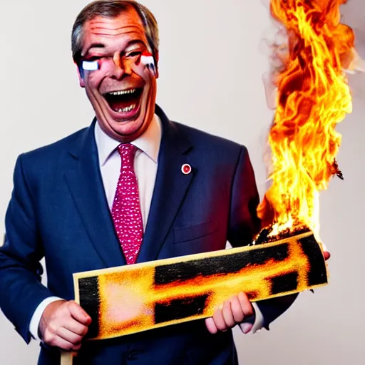 Prompt: nigel farage laughing holding burning euflag, studio photograph, hd, studio