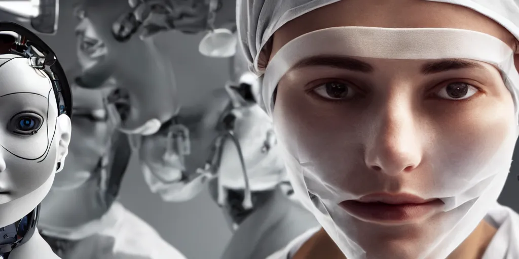 Image similar to a of a face transplant in an operating room with robotic surgeons , photorealistic,by Wlop,4k resolution
