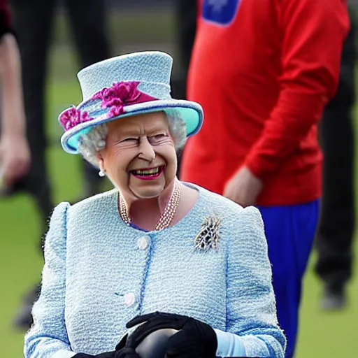 Prompt: queen elizabeth laughing while kicking a soccer ball,