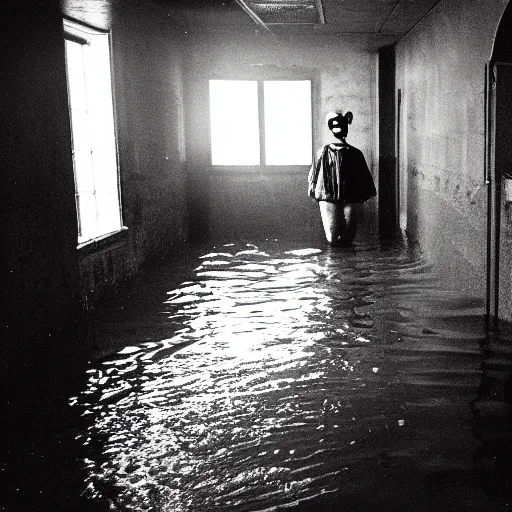 Image similar to a flooded creepy empty basement hallway with a clown standing in the dark, shaky, film grain, craigslist photo