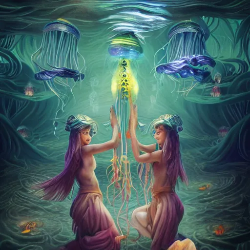 Prompt: A painting of priestesses worshipping at the jellyfish temple, shrouded in mist, jellyfish god, jellyfish priestess, jellyfish shrine maiden 8K, illustration, art by Artgerm and Justin Cheung and Gabriele Dell'Otto, smoke, undersea temple with fish, cinematic, insanely detailed and intricate, hypermaximalist, elegant, super detailed, award-winning, mauve and cinnabar and cyan, rainbow accents, mysterious, ancient, ritual, trending in cgsociety, artstation HQ, ornate, elite, haunting, matte painting, beautiful detailed, insanely intricate details, dreamy and ethereal, otherworldly