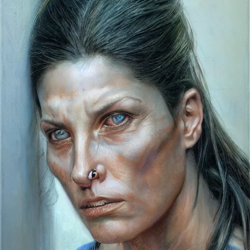 Prompt: frontal portrait of a emotional muscular female survivor in a city, by donato giancola.