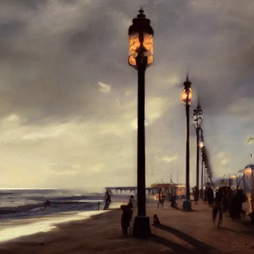 Prompt: Pacific Beach pier , by Krøyer, trending on artstation 4k, dramatic lighting, intense.
