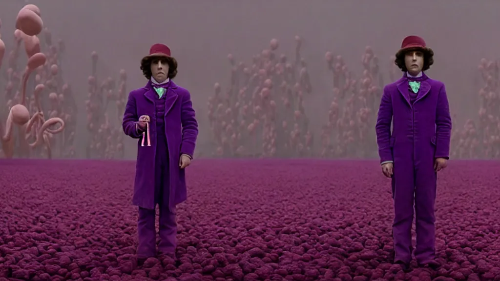 Image similar to Charlie in Willy Wonka’s chocolate factory, film still from the movie directed by Denis Villeneuve with art direction by Zdzisław Beksiński, wide lens