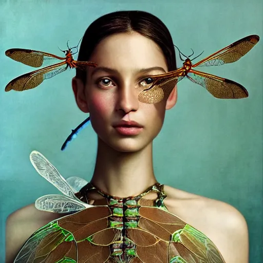 Image similar to brown woman wearing a shiny dragonfly armor. iridiscent. super detailed. layered. textured. award winning. dispersion of light. refracted lighting. soft. fragile. by ray caesar. by louise dahl - wolfe. by andrea kowch. by tom bagshaw. surreal photoraphy