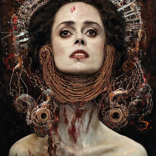 Image similar to expressive oil painting, of helena bonham carter mixed with sigourney weaver, bumpy mottled skin full of blood and scars, ornate headpiece made from crystals, cables and wires, body horror, by yoshitaka amano, by greg rutkowski, by jeremyg lipkinng, by artgerm, digital art, octane render