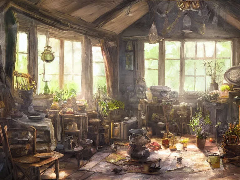 Image similar to expressive rustic oil painting, interior view of a cluttered herbalist cottage, waxy candles, wood furnishings, herbs hanging, light bloom, dust, ambient occlusion, morning, rays of light coming through windows, dim lighting, brush strokes oil painting