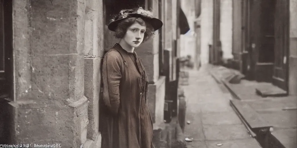 Image similar to dream a young red haired woman with freckles looks deeply into the camera, 1920's london street, 100, 50mm, art nouveau, f4.0, style of Joel Meyerowitz, gustav klimpt