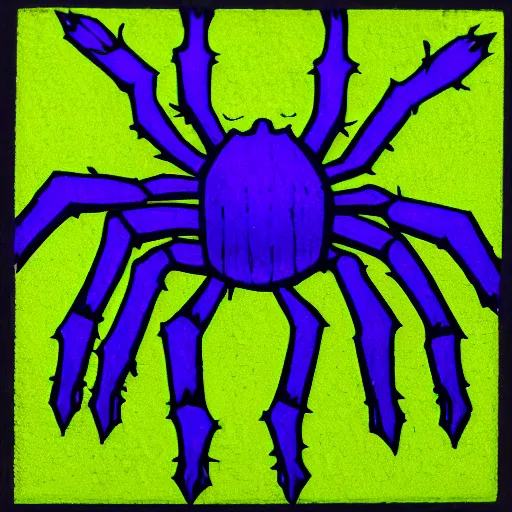 Image similar to spider, purple and green, style of hydro74, woodblock