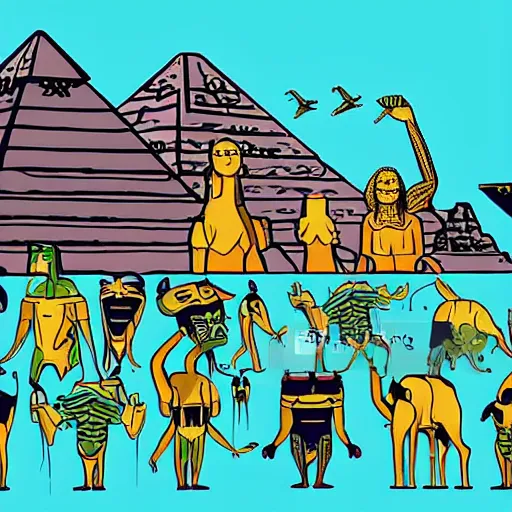 Prompt: a multitude of humans beings and anthropomorphic animals staring around a giant alien ship, pyramids in the background. beautiful energetic cartoon, detailed human faces