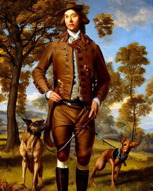 Image similar to intricate beautiful medium - shot, highly detailed, young man in hunting clothes of 1 7 th century with a greyhound dog, autumn field, cinematic lighting, highly detailed, digital art, renaissance painting, by leyendecker, by rutkowsky, by ernest huntley hart