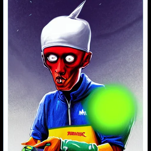 Prompt: a eminem slim shady tennis ball monster, tennis ball, lightning, chalk, digital art, fantasy, magic, trending on artstation, ultra detailed, professional illustration by Basil Gogos