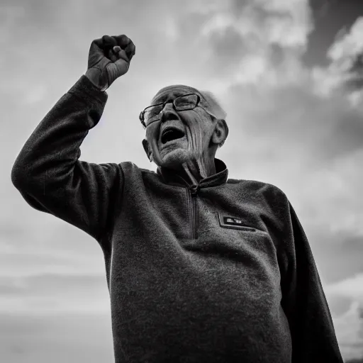 Image similar to An elderly man shouting at the wind, Canon EOS R3, f/1.4, ISO 200, 1/160s, 8K, RAW, unedited, symmetrical balance, in-frame