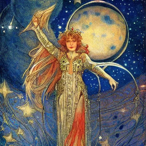 Image similar to the queen of the moon and the stars in full regalia, by Annie Swynnerton and jean delville and Edmund Dulac and Tino Rodriguez, elaborately costumed, rich color, dramatic cinematic lighting, extremely detailed