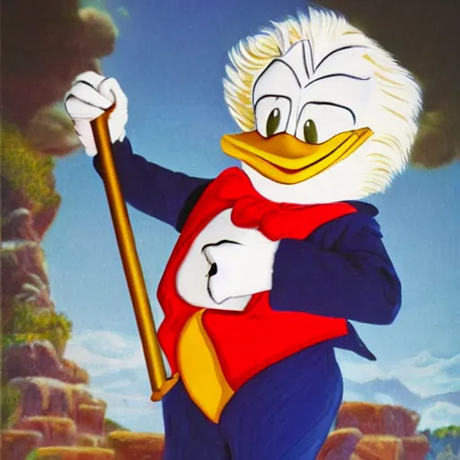 Image similar to Scrooge McDuck from the Duck Tales in blue costume standing on a mountain of gold and holding a cane, view from below, full body portrait, oil painting, highly detailed