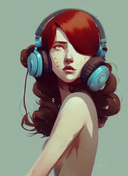 Prompt: beautiful artistic - wave highly detailed full body portrait female, with head phones, long red hair, perfect body anatomy, by atey ghailan, by greg rutkowski, by greg tocchini, by james gilleard, by joe fenton, by kaethe butcher, dynamic lighting, gradient light blue, brown, blonde cream and white color scheme, grunge aesthetic