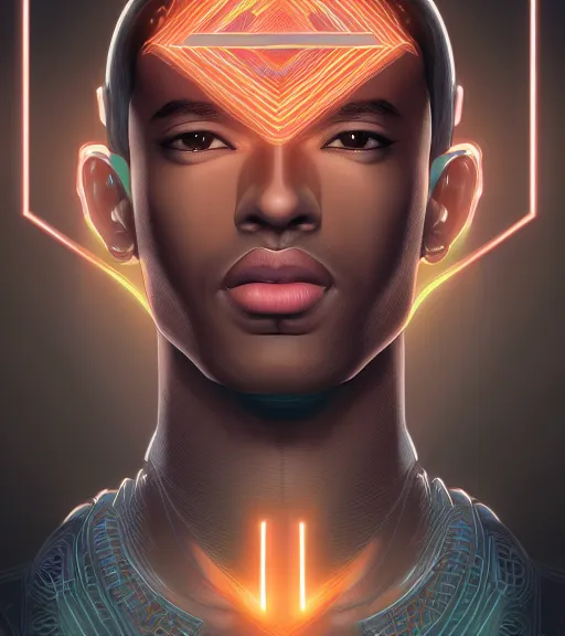 Image similar to symmetry!! egyptian prince of technology, solid cube of light, hard edges, product render retro - futuristic poster scifi, lasers and neon circuits, brown skin man egyptian prince, intricate, elegant, highly detailed, digital painting, artstation, concept art, smooth, sharp focus, illustration, dreamlike, art by artgerm