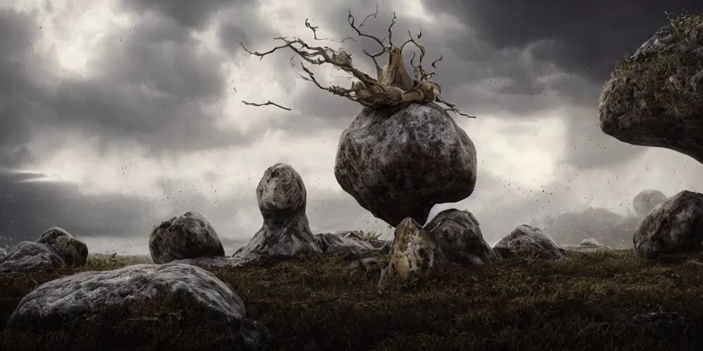 Image similar to photorealistic strange sculpture made of white bird skulls, in an epic landscape, with ominous storm clouds, strange levitating stones, stones falling from the sky, a gentle rising mist. occult photorealism, uhd, amazing depth, glowing, golden ratio, 3 d octane cycle unreal engine 5, volumetric lighting, cinematic lighting, cgstation artstation concept art