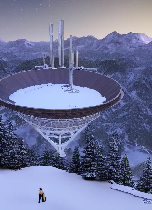 Prompt: matte painting of a colossal radio telescope on a snowy mountain top, realistic rendering, unreal engine, 4k, hdr, high dynamic range, f12, michael whelan, james gurney, high tech, star wars cavern interior